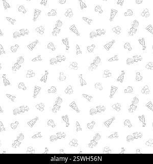 Vector Seamless pattern of baby toys. Outline Wooden car, cubes, train, rocket, giraffe on wheels and pyramid in Scandinavian style, Cute repeated Stock Vector