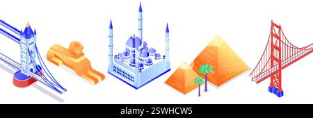 Travel, tourism landmarks 3d isometric design elements set. Vector illustration of Blue Mosque, pyramids, sphinx, Tower bridge, San Francisco. Famous Stock Vector
