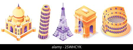 Travel, tourism landmarks 3d isometric design elements set. Vector illustration of Taj Mahal, Eiffel Tower, Colosseum. Famous world sights isolated ic Stock Vector