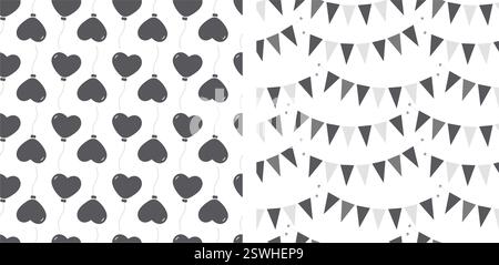 Heart shape balloons on string Triangular pennant garlands on rope Monochrome Seamless Pattern Set 2. Isolated Vector illustration Thematic cards, posting, blog or web promo, banner, labels, price tag Stock Vector