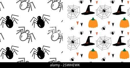 Silhouette and Outline Spiders and Witch Hats, pumpkins, cobweb and hearts Seamless patterns Set 2. Isolated Vector illustration Thematic cards, Wrapping, wallpaper or web promo banner, leaflets, tags Stock Vector