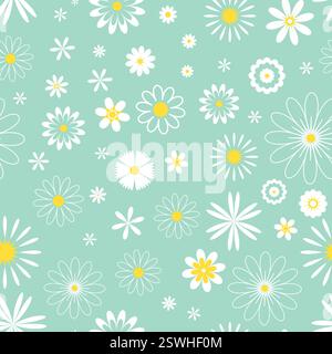 Delicate spring seamless pattern with field chamomile, daisies and other flowers. Floral cute background. Blooming field print for textile, packaging Stock Vector