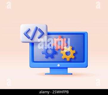 3d code icon and gear cogwheel in computer Stock Vector