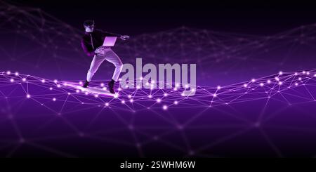 Man balancing on digital network waves, holding laptop, navigating futuristic data landscape with glowing purple connections Stock Photo