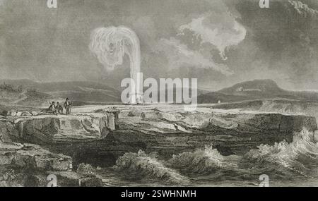 Malta. Ghar il-Qamh, island of Gozo. Clockmaker's Salt pans. Water jet. Engraving. Lemaitre direxit. History of Malta and Gozo, by Frédéric Lacroix. Panorama Universal, Spanish edition, printed in Barcelona, 1850. Stock Photo