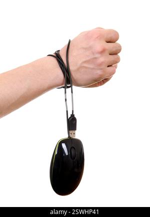 Hands tied with Cable of Computer Mouse Isolated on the White Stock Photo