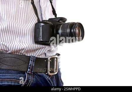 Man with Photocamera closeup on the White Background Stock Photo
