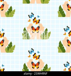 Seamless pattern. Hands releasing colorful rainbow butterflies into nature on light blue checkered background. Vector illustration Stock Vector