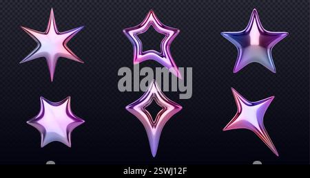 3d y2k style stars set with holographic pink and purple gradient effect. Glossy metallic collection of celestial elements. Realistic shimmering decorative objects for trendy retro digital designs. Stock Vector