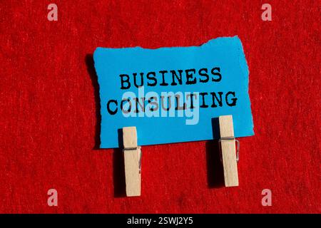 Business consulting message written on ripped torn blue paper piece on blue background. Conceptual business consulting symbol. Copy space. Stock Photo