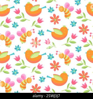 Spring Birds Vector Seamless Pattern with Cute Birds, Bees and Colorful Flowers on White Background in Cartoon Style. Design for Kids Wallpaper and Stock Vector