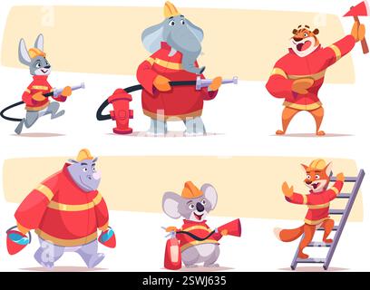 Animals firefighters. Rescue funny characters in action poses exact vector firefighters in zoo Stock Vector