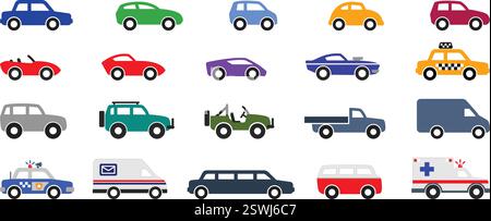 various civilian car vehicle simple icon symbol silhouette side view set vector on transparent background Stock Vector