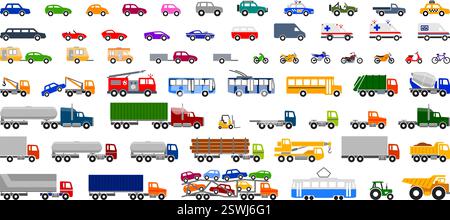 large collection set of simple vehicle colored silhouette side view icon symbol vector on transparent background Stock Vector