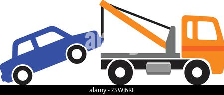 simple tow truck towing broken down car silhouette side view icon symbol vector isolated on transparent background Stock Vector