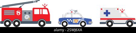 simple emergency vehicle set fire engine truck ambulance police car side view icon symbol vector isolated on transparent background Stock Vector