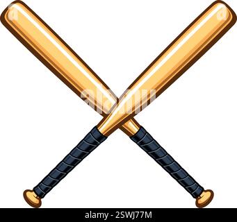 simple classic 2 twin crossed baseball softball bats with grips wood wooden cartoon shaded sports logo vector isolated on transparent background Stock Vector