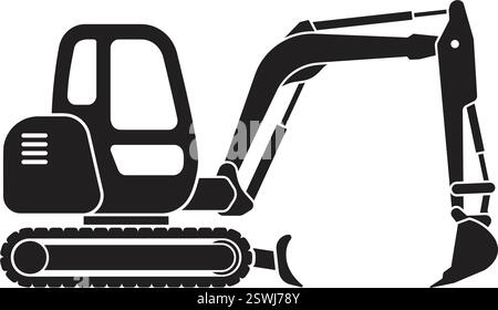 excavator digger construction vehicle silhouette simplified side view isolated vector on transparent background Stock Vector