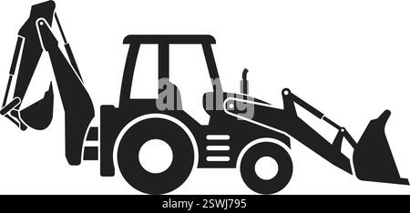 simple backhoe loader excavator digger construction vehicle silhouette simplified side view isolated vector on transparent background Stock Vector