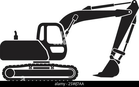 excavator digger construction vehicle silhouette simplified side view isolated vector on transparent background Stock Vector