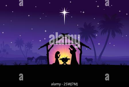 classic christmas nativity birth of jesus christ in stable with star purple night scene vector illustration Stock Vector