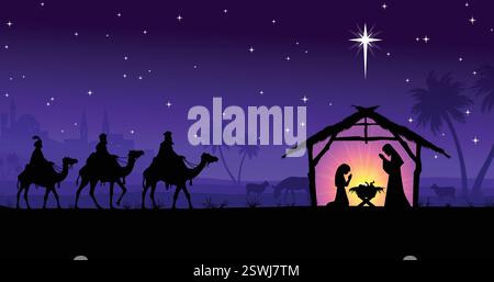 classic christmas nativity 3 wise men on riding camels silhouette side ...