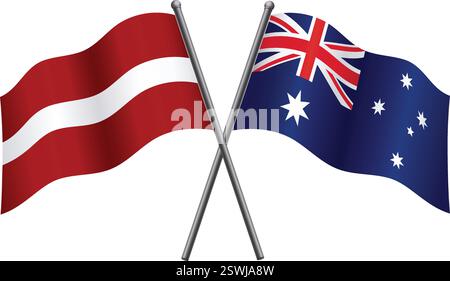 Latvia and Australia flags on flagpoles in relationship alliance or versus crossed vector isolated on transparent background Stock Vector