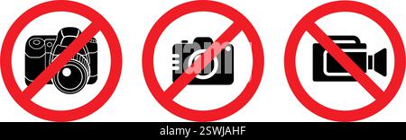 prohibited no camera photography video filming recording permitted sign symbol in red circle simple vector set on transparent background Stock Vector