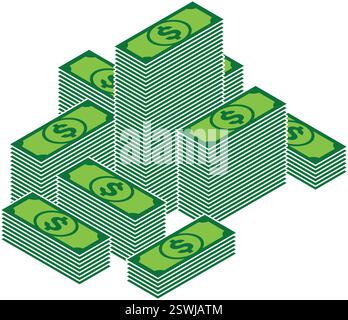 big stack multiple piles of bank currency money dollar notes 3d isometric icon vector on transparent background Stock Vector