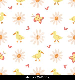 Seamless pattern with cute yellow ducklings, daisies, butterflies and hearts. Delicate ornament for children clothes, sunny spring ornament for textiles, packaging, wrappers. Stock Vector