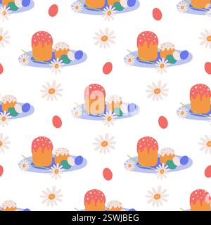 Seamless pattern with Easter symbols, Easter cake, on a platter, chamomile flowers and painted eggs in spring colors. For kitchen textiles, wrappers, and packaging. Stock Vector