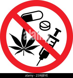 classic simple no drugs drug use prohibited symbol in red white circle vector isolated on transparent background Stock Vector