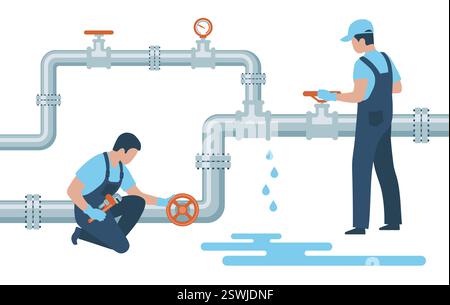 Plumbers shut off valves and repair a leaking water pipe. Concept of professional occupation Stock Vector