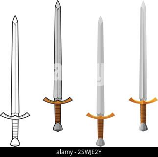 classic realistic cartoon medieval european sword broadsword icon symbol vector set of 4 on transparent background Stock Vector