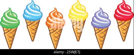 simple fun cartoon soft serve various flavors colors icecream in waffle cone set on transparent background vector set of 6 Stock Vector