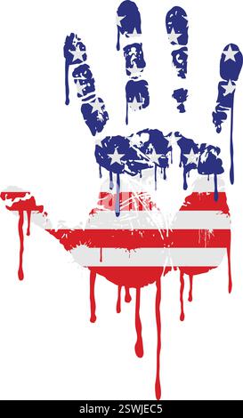Bloody hand print dripping messy paint USA american flag  colors blue red white vector isolated on transparent background Stock Vector