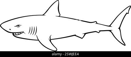 shark great white pointer cartoon outline side view vector isolated on transparent background Stock Vector