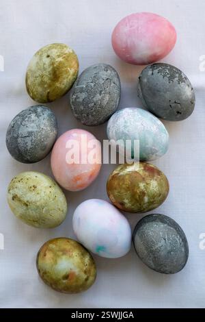 Easter eggs are naturally dyed in gentle colors Stock Photo
