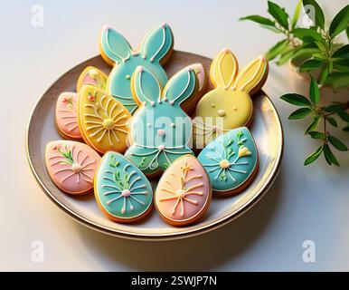 Colorful cookies shaped like bunnies and eggs bring joy to Easter gatherings and festivities. Stock Photo