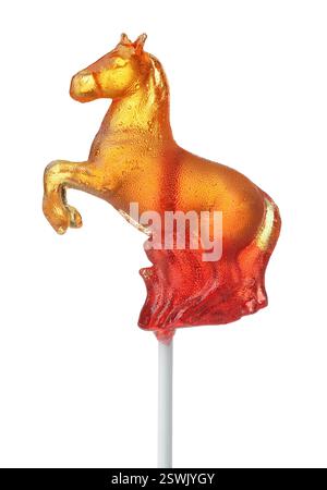Side view of orange sugar lollipop horse isolated on white Stock Photo