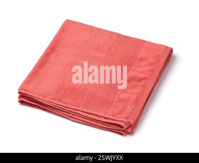 Folded red terry cloth bath towel isolated on white Stock Photo
