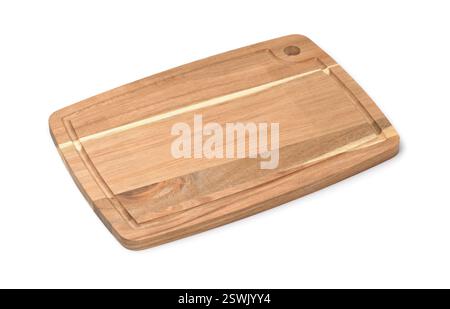 Empty wood cutting board with juice groove isolated on white Stock Photo