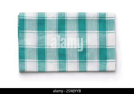 Top view of folded green checkered kitchen towel isolated on white Stock Photo