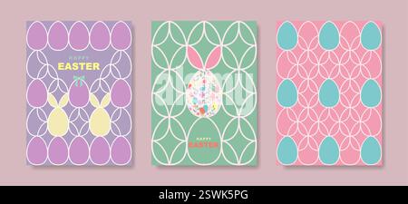 Set card of Happy Easter, Modern flat design pattern with eggs and bunnies, in pastel colors style. Festive springtime cover. Vector illustration Stock Vector