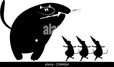 Cartoon musician playing flute for rats or mouse. Funny long mustache ...