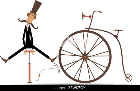 Cartoon man and a broken bicycle. Man in the top hat inflates the wheel of a retro bicycle. Gentleman inflates the wheel of a retro bicycle Stock Vector