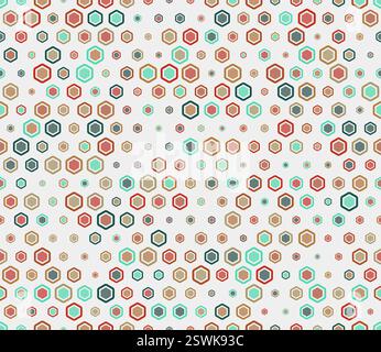 Abstract mosaic background. Multicolored geometric elements of varied size. Bold rounded hexagon cells with padding and inner solid cells. Stock Vector