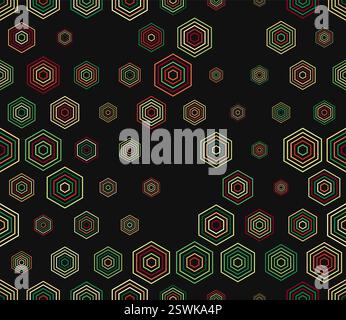 Seamless Hexagon Pattern. Multicolored geometric elements of varied size. Hexagon stacked mosaic cells. Honeycomb cells. Tileable pattern. Stock Vector