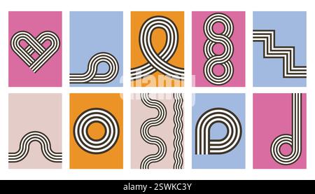 Bauhaus art wall decor. Printable geometric home decor. Nordic Striped Bauhaus geometric shapes retro posters. Stock Vector