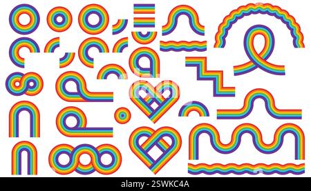 Retro groovy rainbow color striped shapes set. Geometric hippie rainbows. Vintage hippie style various abstract iridescent stripes. Trendy minimalisti Stock Vector